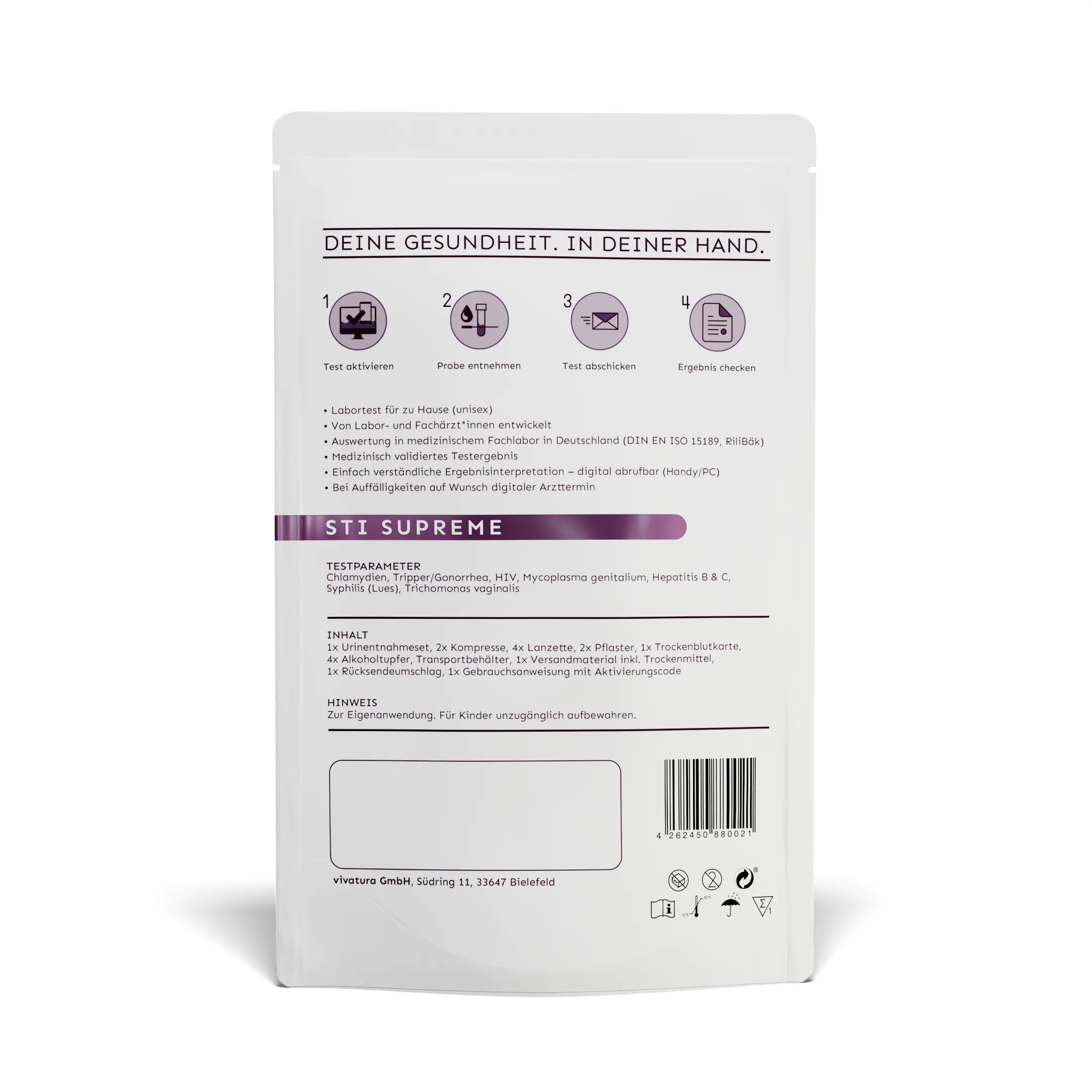 Rückseite der Verpackung. Text: 'DEINE GESUNDHEIT, IN DEINER HAND.' Enthält Informationen zum Test und Barcode.