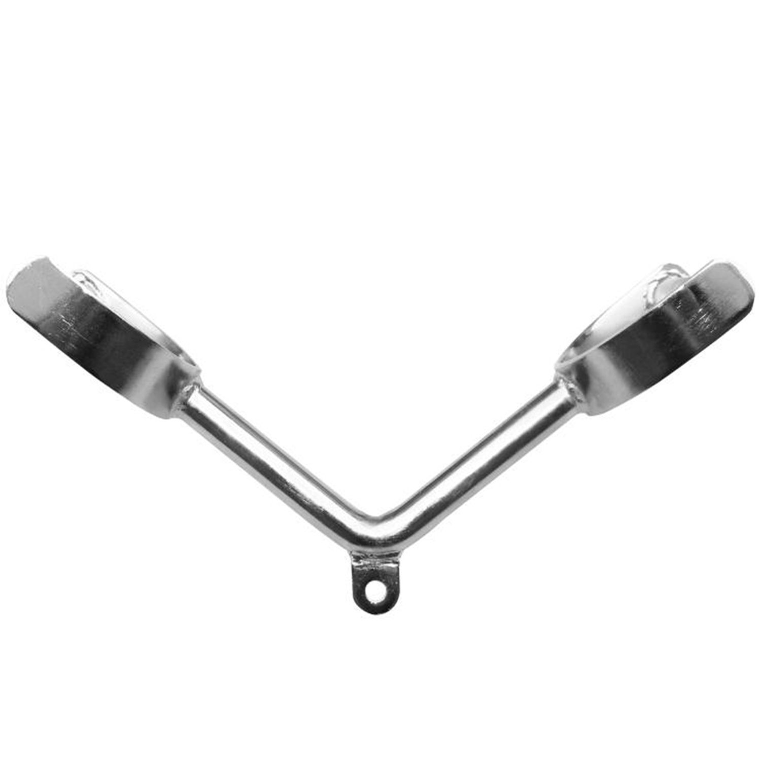 Breiter Rudergriff mit zwei Hufgriffen. Metallkonstruktion. Winkelige Form. Aufhängeöse unten.