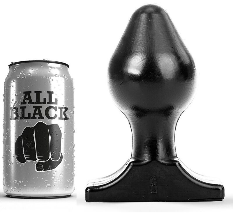 Schwarzer Buttplug neben einer Dose mit "ALL BLACK" Aufdruck. Der Plug hat eine konische Form mit breiter Basis.