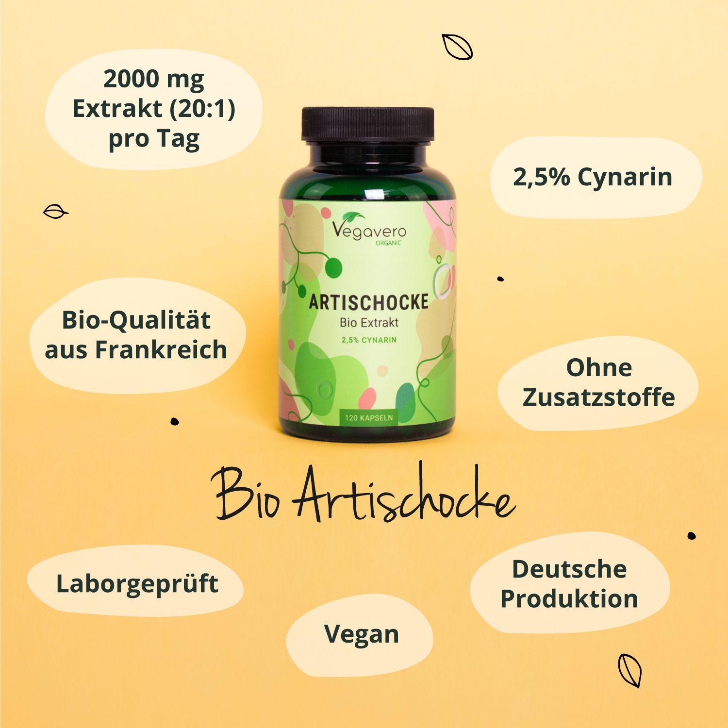 Grafik mit Produktinformationen. Text: Bio Artischocke. 2,5% Cynarin, vegan, laborgeprüft, ohne Zusatzstoffe.