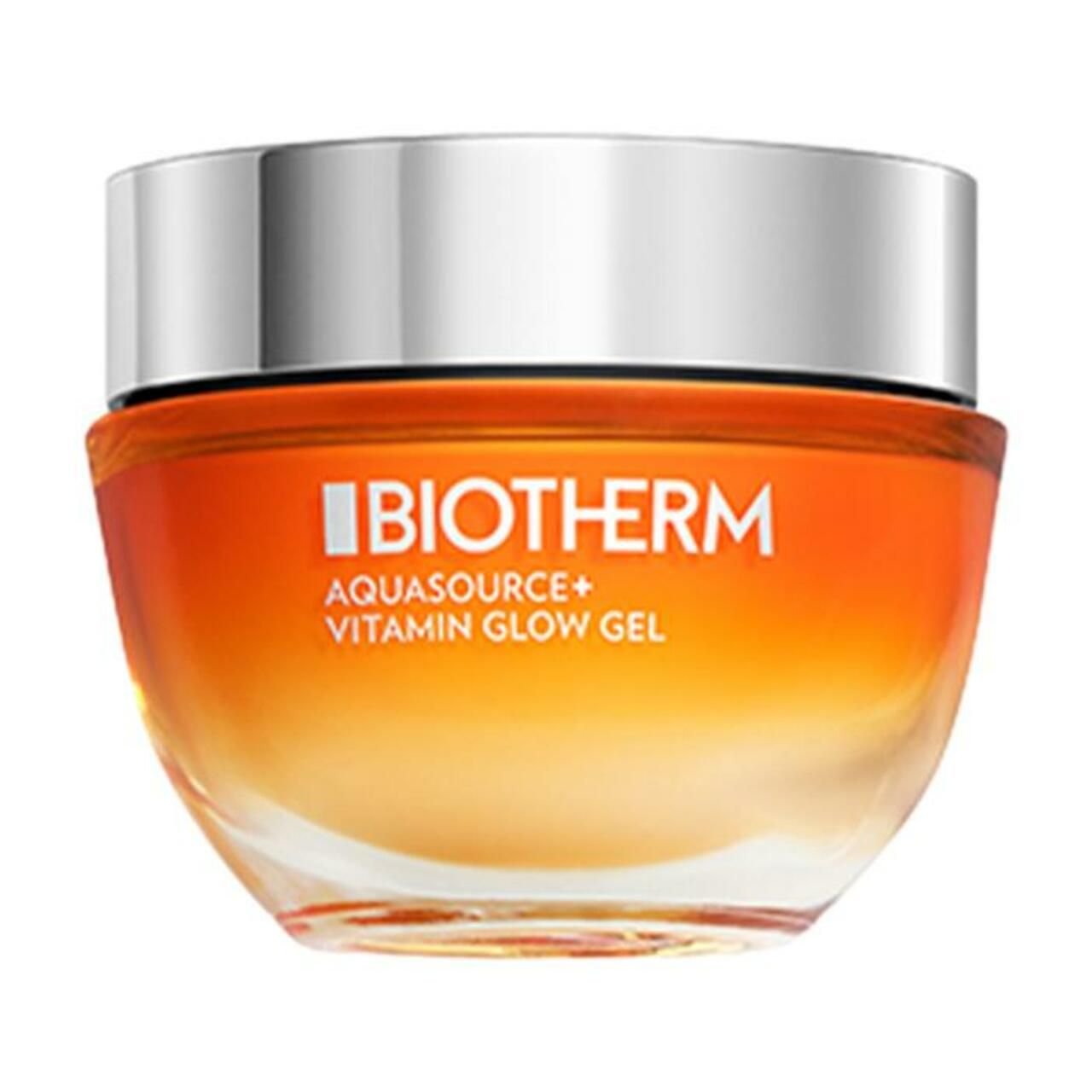 Runder Tiegel mit orangefarbenem Gel. Aufschrift: Biotherm Aquasource+ Vitamin Glow Gel. Silberner Deckel.