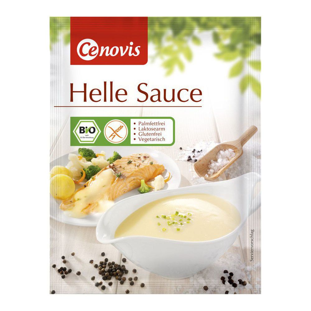 Verpackung von Cenovis Helle Sauce glutenfrei. Enthält Bio-Siegel und Angaben zu Inhaltsstoffen: palmölfrei, laktosearm, glutenfrei, vegetarisch.