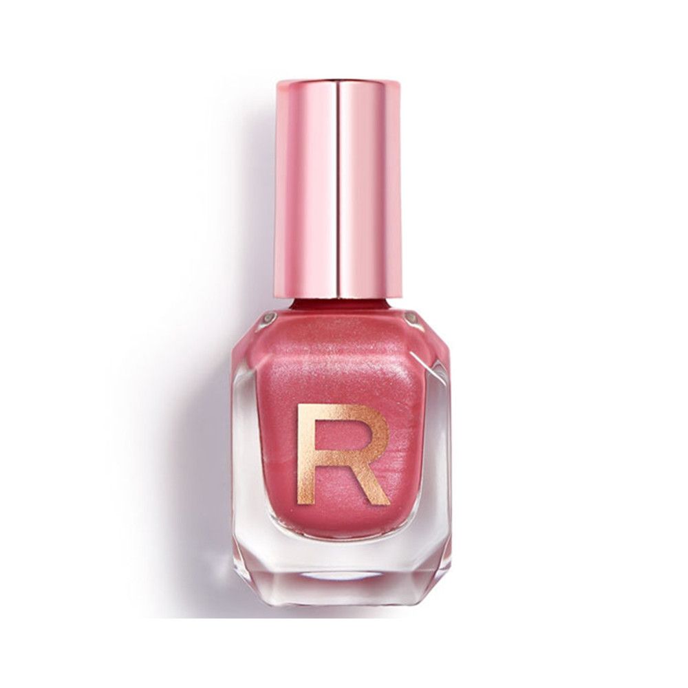 Nagellackflasche mit rosafarbenem Inhalt und rosafarbenem Deckel. Auf der Vorderseite ist ein goldenes "R" zu sehen.