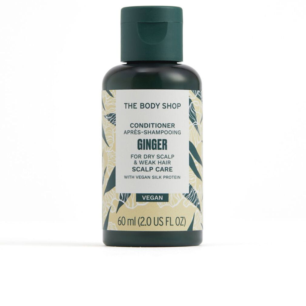 Konditionierer-Flasche. Dunkelgrüner Deckel, Etikett mit Produktnamen und Inhaltsstoffen. Vegan-Siegel. 60 ml.