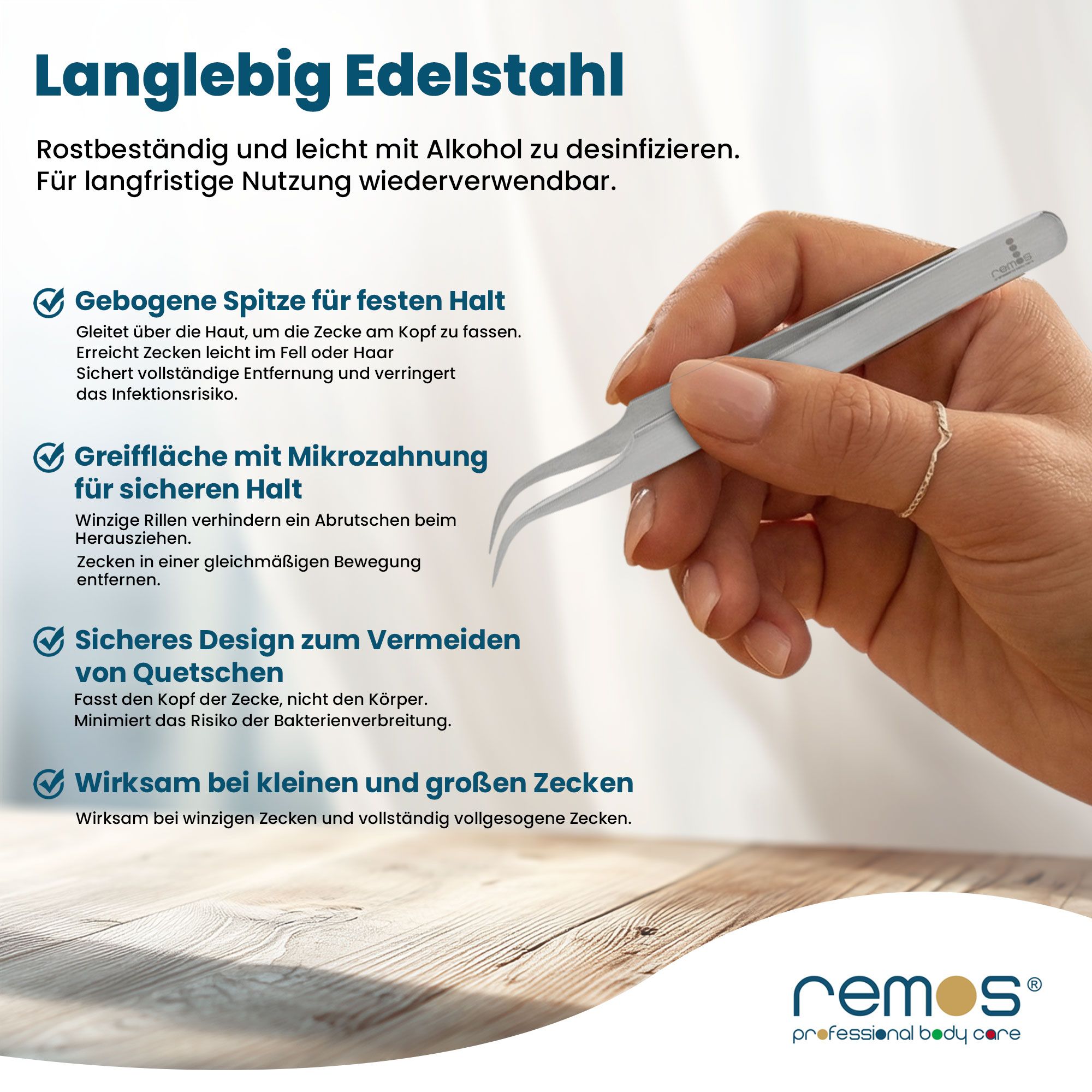 Langlebige Edelstahl-Zeckenzange mit gebogener Spitze und Mikrozahnung.
