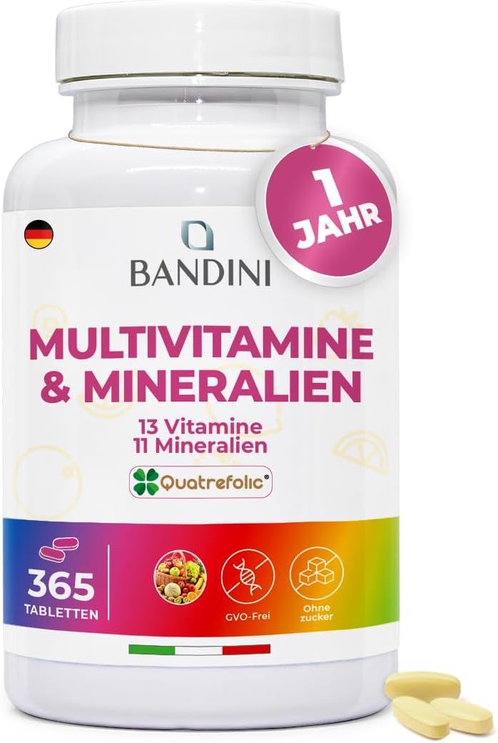 Bandini Multivitamine & Mineralien Flasche. 365 Tabletten. 1 Jahr. GVO-frei, zuckerfrei. Tabletten daneben.