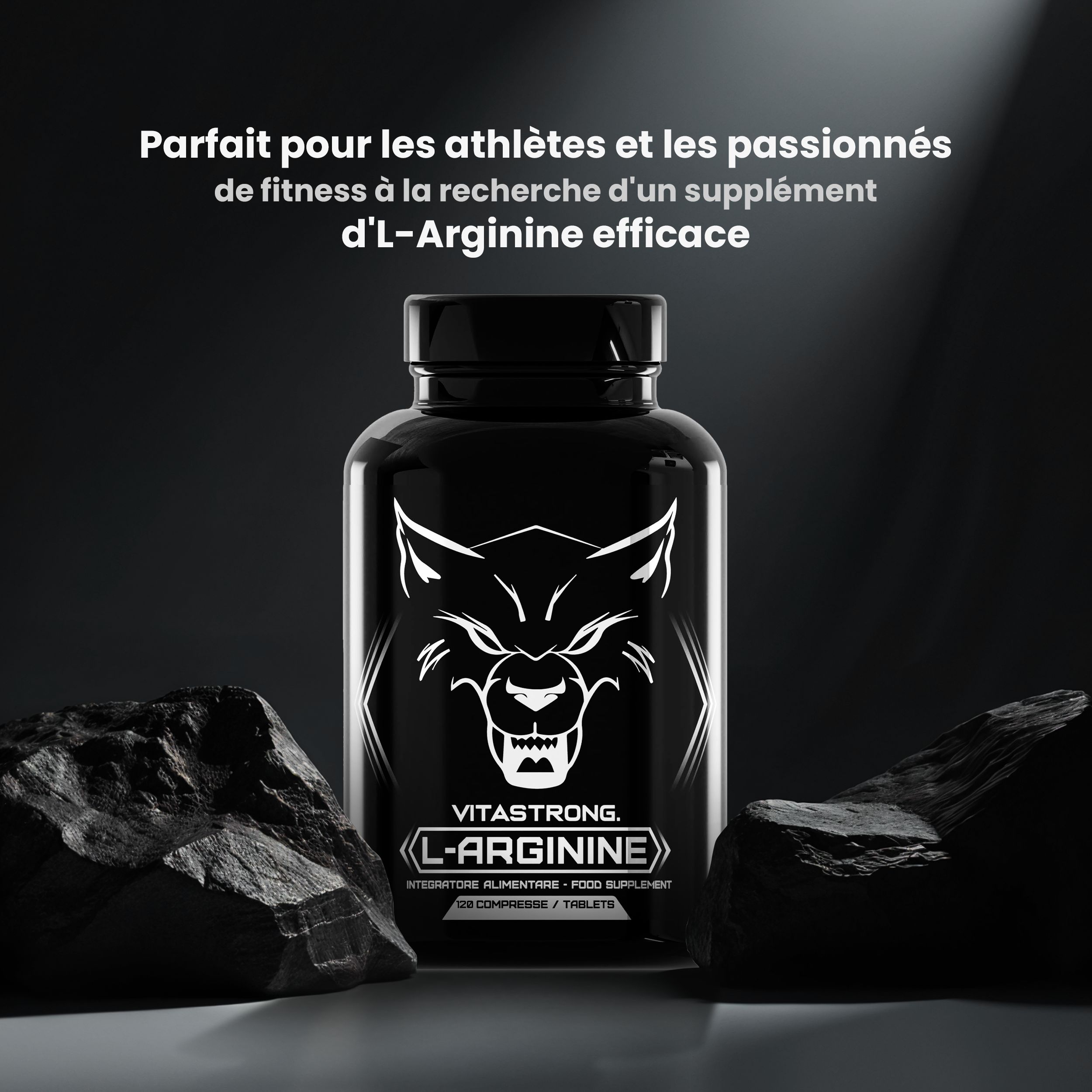 Schwarze Flasche Vitastrong L-Arginin vor dunklem Hintergrund mit Steinen. Text: 120 Tabletten. Nahrungsergänzungsmittel.