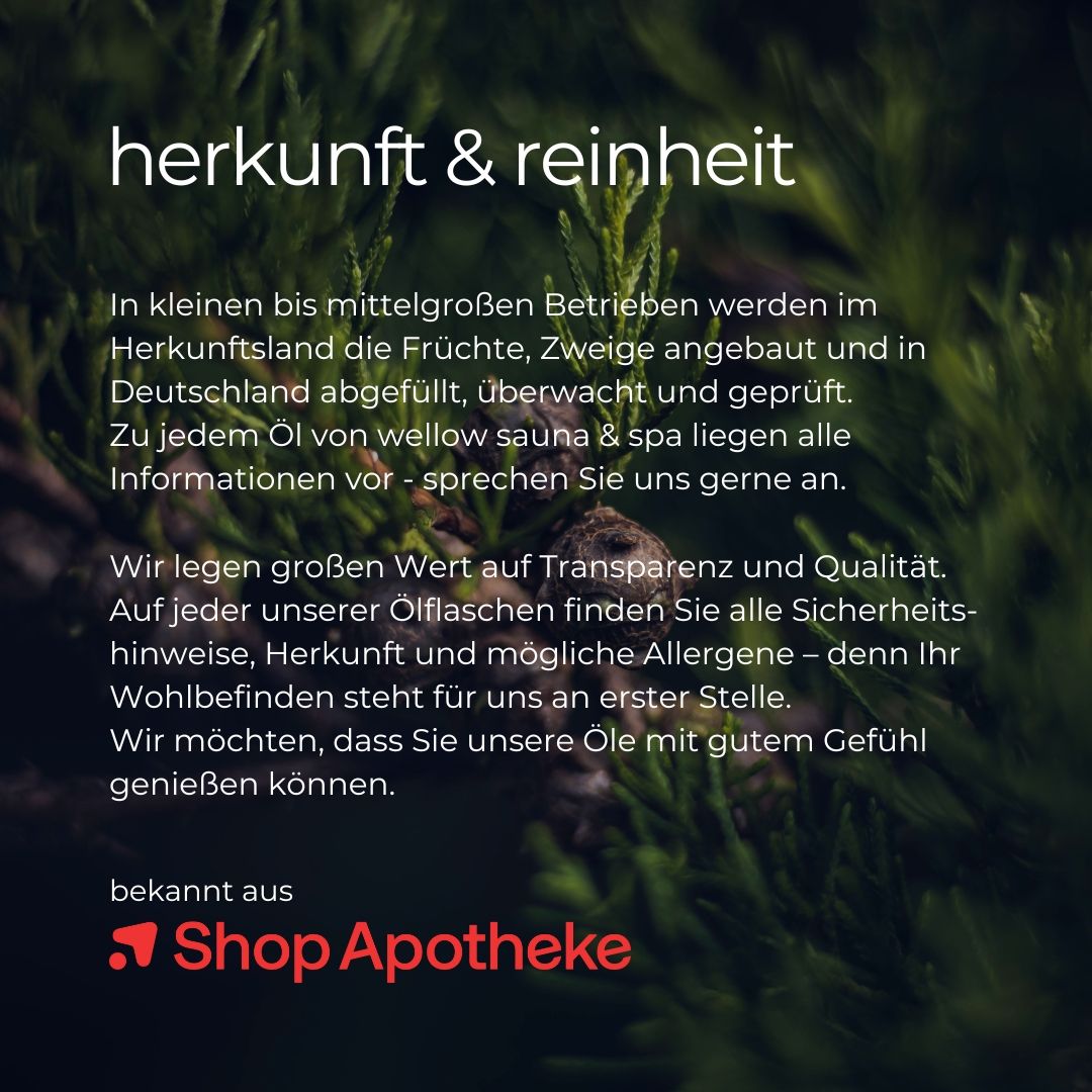 Text über Herkunft & Reinheit von Ölen. Shop Apotheke Logo.