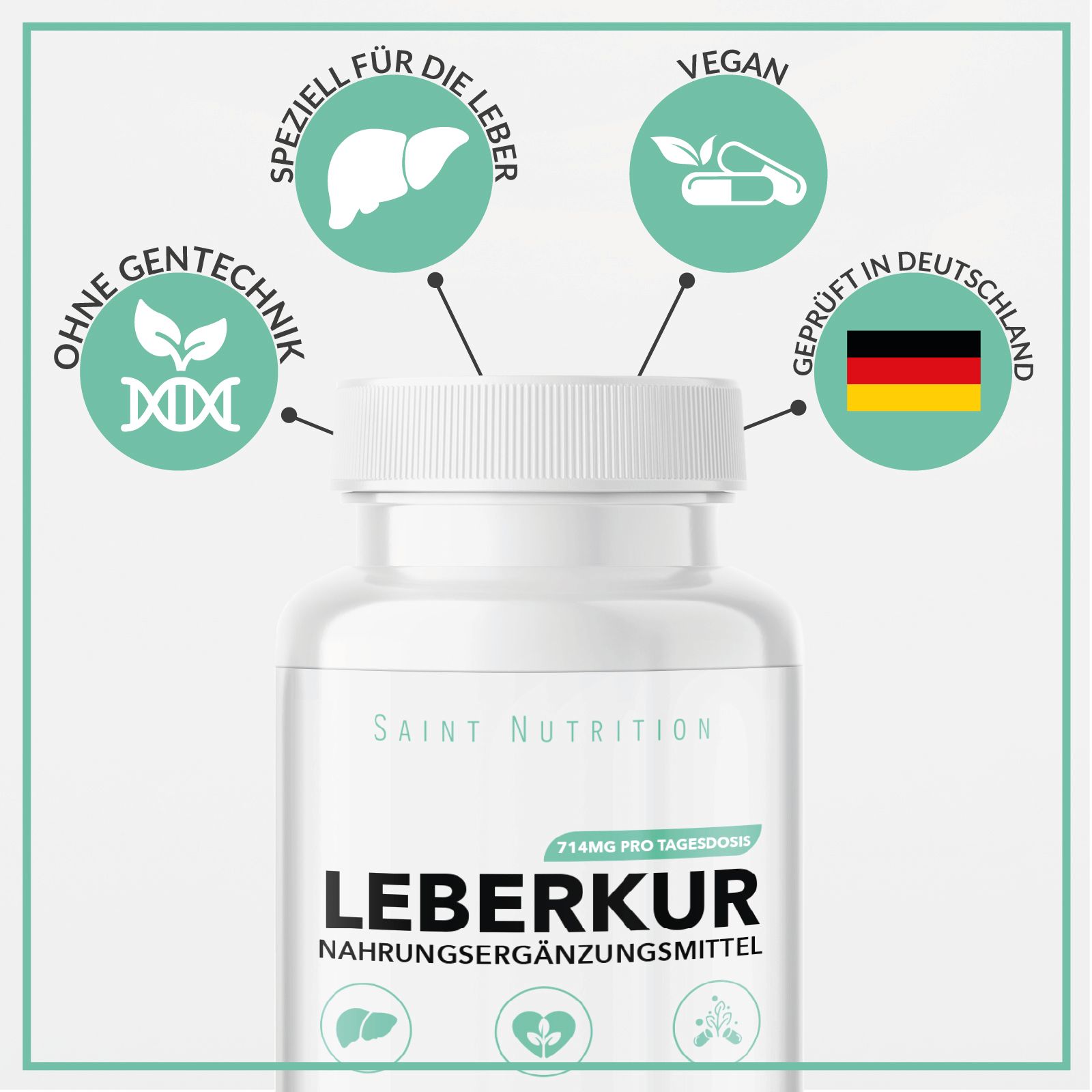 Flasche mit Kapseln. Text: Speziell für die Leber, vegan, ohne Gentechnik, geprüft in Deutschland. Saint Nutrition, Leberkur.