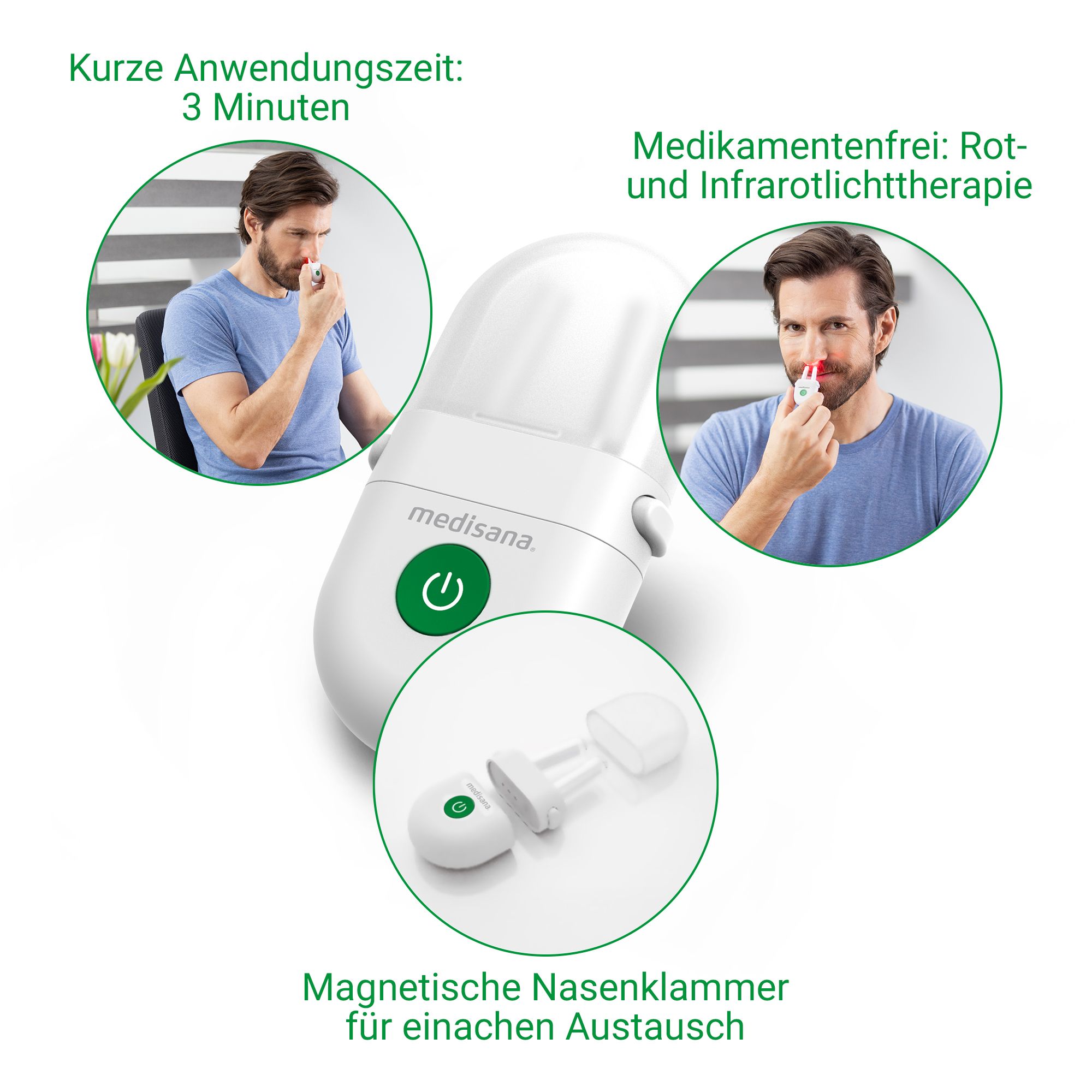 Medisana Nasentherapiegerät mit Anwendungsbildern und Textinformationen.