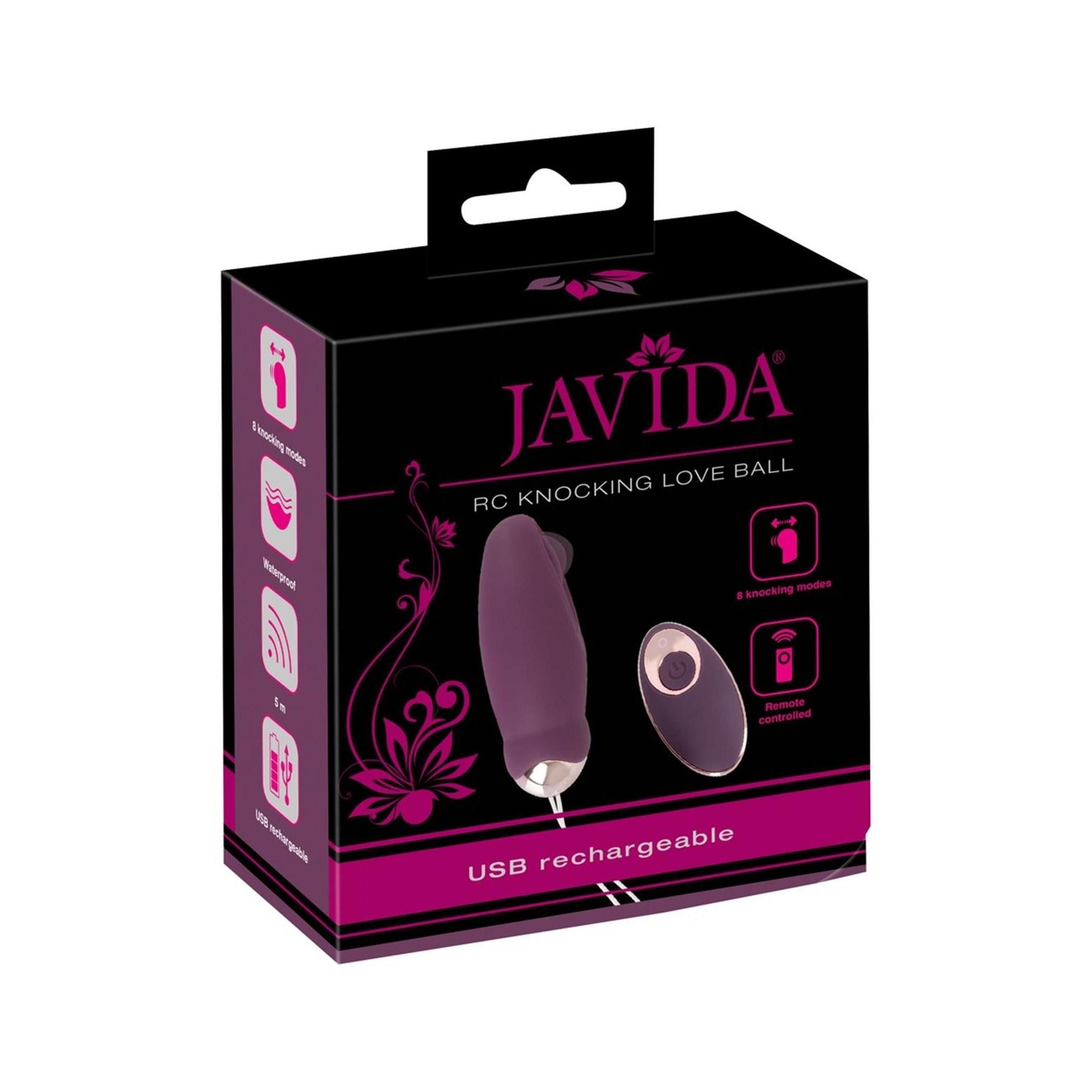 Verpackung mit Produktabbildung. Produktname: Javida RC Knocking Love Ball. Enthält ein Vibrationsgerät und eine Fernbedienung.