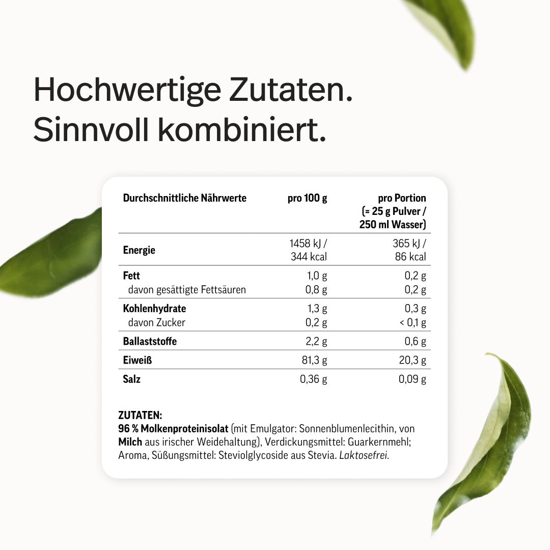 Nährwerttabelle für Edubily Whey Isolat mit Zutatenliste. Hochwertige Zutaten, sinnvoll kombiniert.