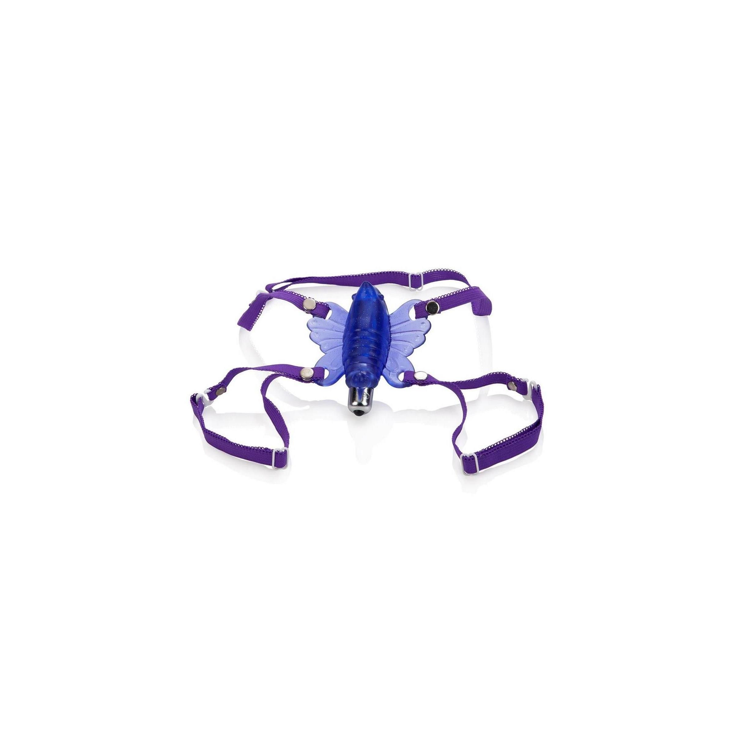 Lila und blaues Wellness-Produkt in Schmetterlingsform mit verstellbaren Gurten. Auf weißem Hintergrund.