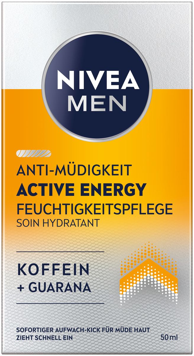 NIVEA MEN Active Energy Verpackung. Weiß, gelb und blau. Text: Anti-Müdigkeit, Active Energy, Koffein + Guarana. 50ml.