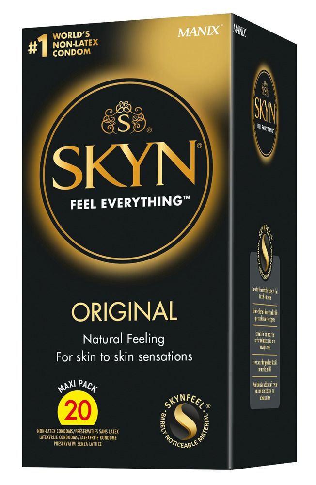 Schwarze Schachtel mit SKYN-Logo und Text. Enthält 20 Kondome. Aufschrift: Original, Natural Feeling, Maxi Pack.