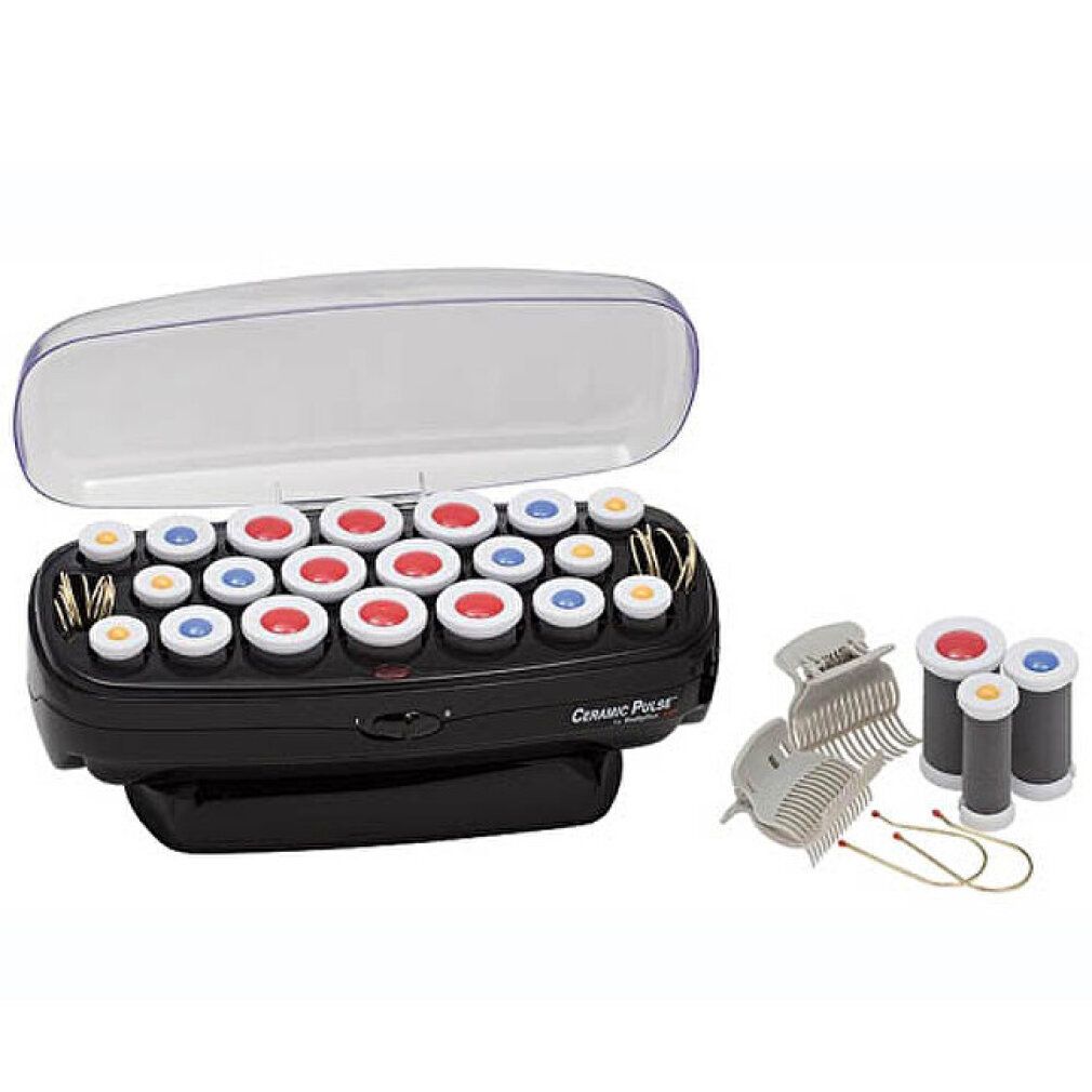 Keramik-Heizwickler-Set mit 20 Wicklern in verschiedenen Größen und Farben, inklusive Klammern und Aufbewahrungsbox.