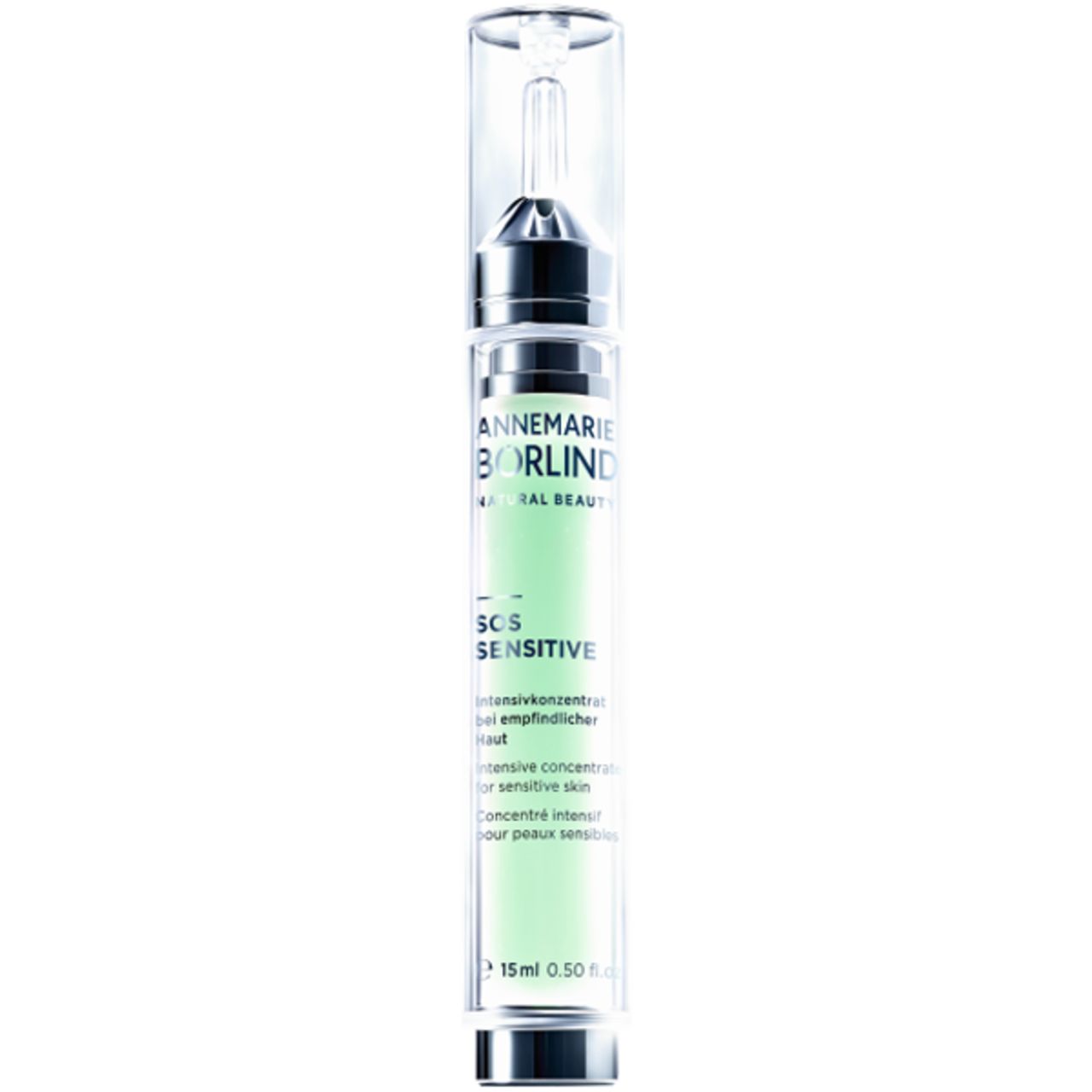 ANNEMARIE BÖRLIND SOS Sensitive Intensivkonzentrat. Flasche mit Dosierer. Grünliche Flüssigkeit sichtbar. 15 ml.