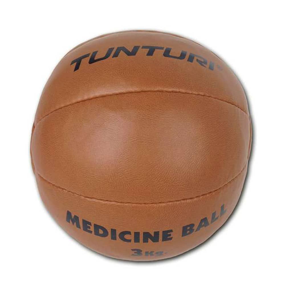 Brauner Medizinball aus Kunstleder. Aufschrift: Tunturi, Medicine Ball, 3 kg.