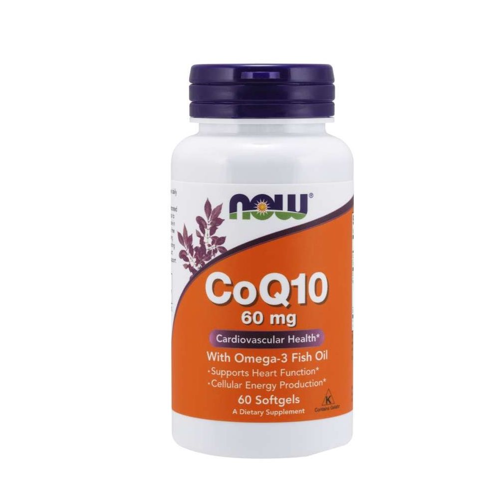 Weiße Flasche mit blauem Deckel. Aufschrift: CoQ10 60 mg, NOW. Enthält Omega-3 Fischöl. 60 Softgels. Nahrungsergänzungsmittel.