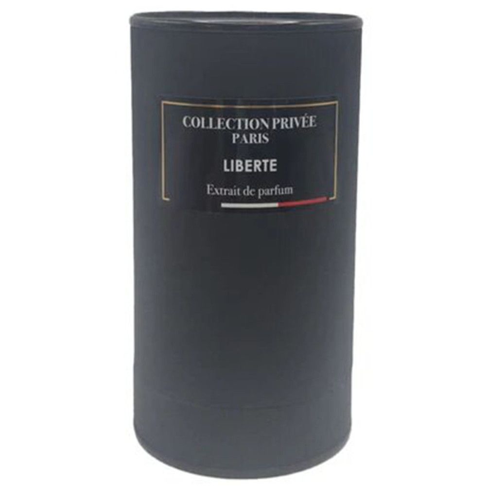Zylindrische, schwarze Verpackung. Schwarzes Etikett mit Text: COLLECTION PRIVEE PARIS, LIBERTE, Extrait de parfum. Goldener Rahmen.