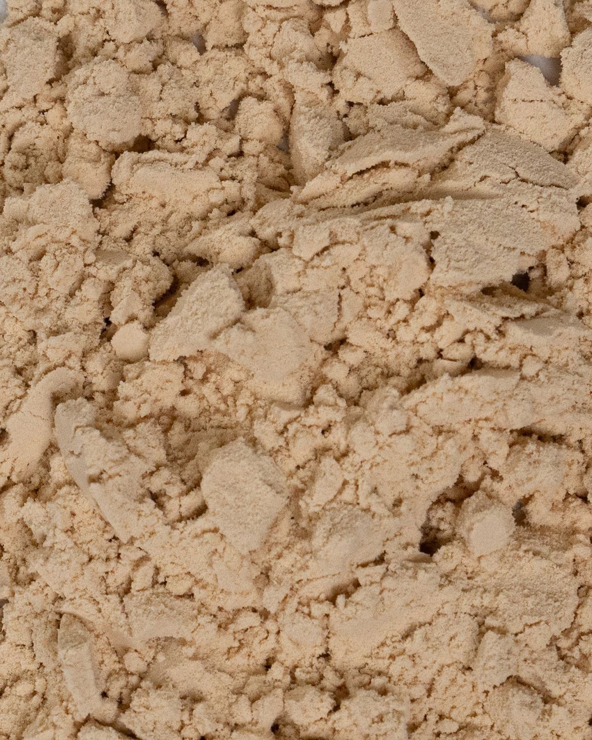 Nahaufnahme von buXtrade Erbsenprotein-Pulver. Helle, beige Pulverstruktur.