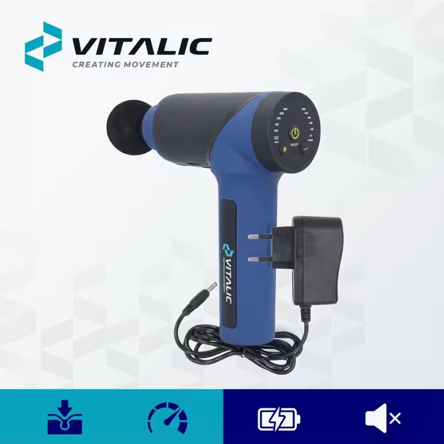 Blau-schwarze Massagepistole mit Ladegerät. VITALIC Logo. Bedienfeld mit Tasten. Schwarzes Kabel. Stecker für Steckdose.