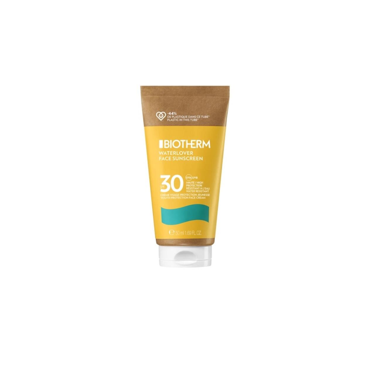 Gelbe Tube mit "BIOTHERM Waterlover Face Sunscreen" und LSF 30. Enthält 50 ml. Oben braun, unten weiß.