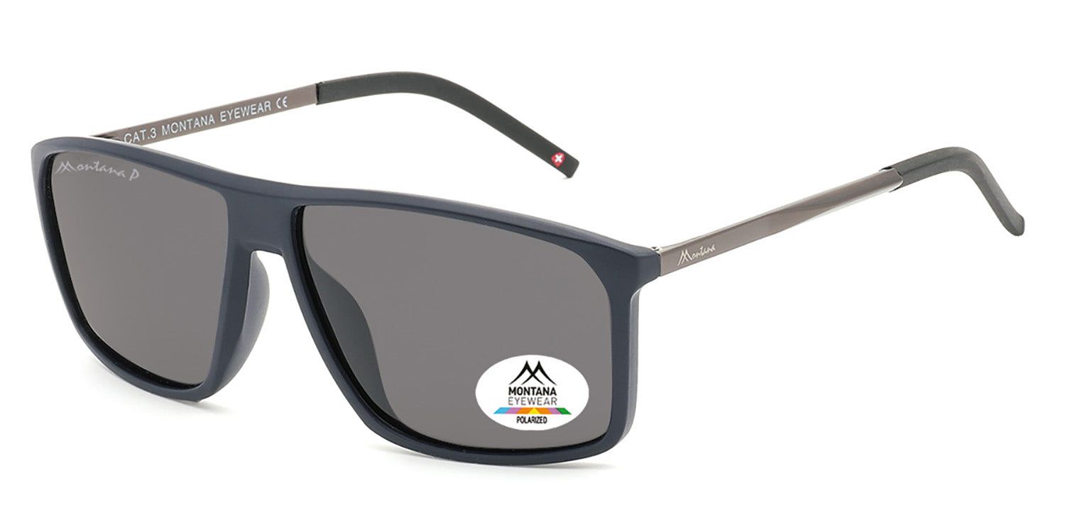 Dunkelblaue Sonnenbrille mit grauen Gläsern. Montana Eyewear-Logo und polarisiert-Aufkleber. Metallbügel.