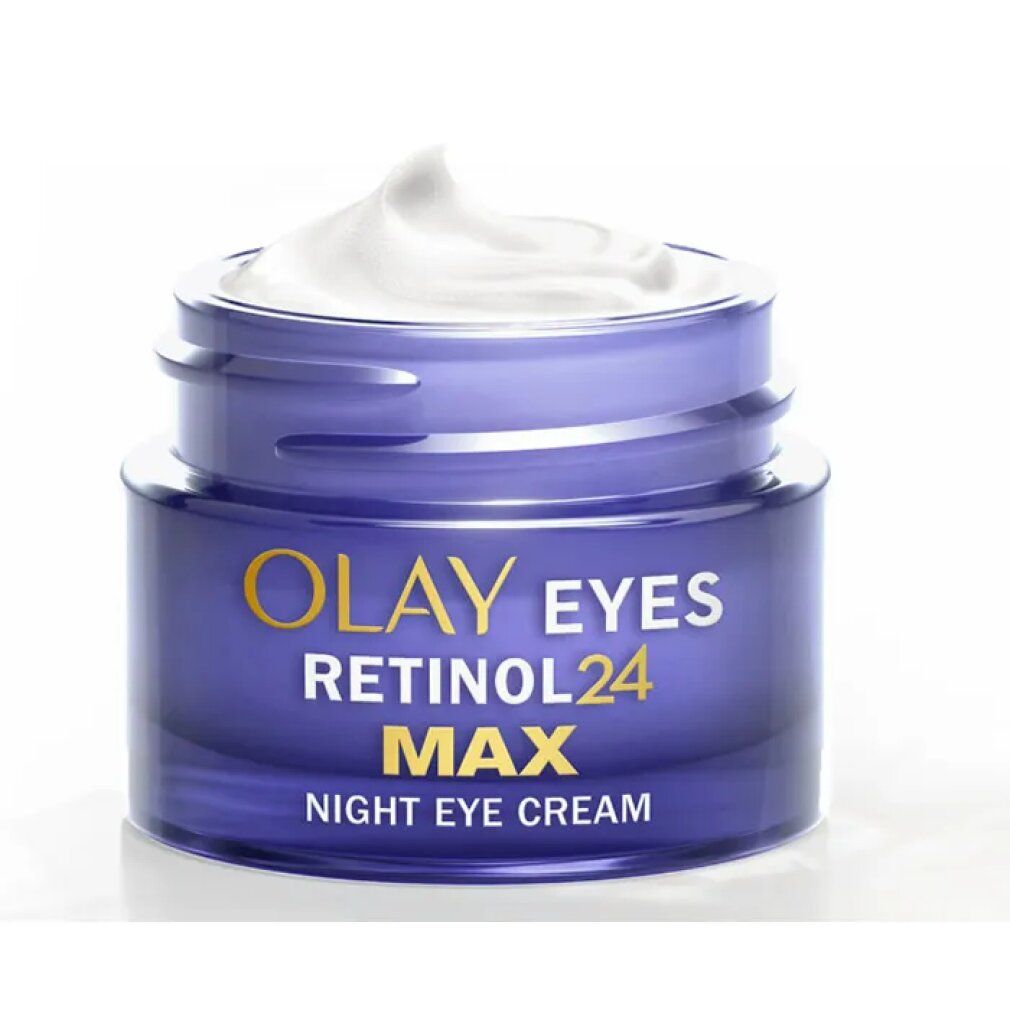 Offenes blaues Cremeglas mit weißer Creme. Aufschrift: Olay Eyes Retinol 24 Max Night Eye Cream.