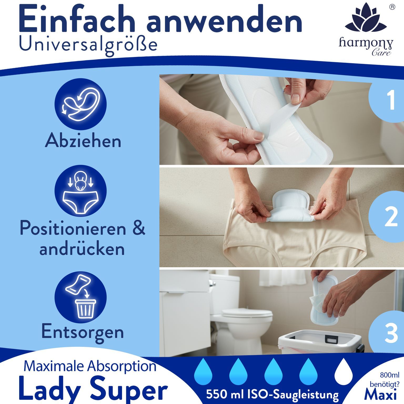 Harmony Care® Lady - saugstarke Inkontinenzeinlagen für Damen – Auslaufschutz & Geruchskontrolle