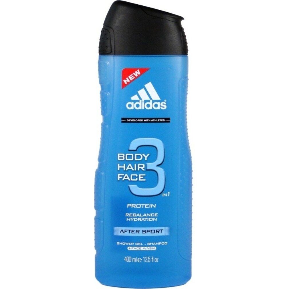 Blaues Duschgel mit schwarzem Deckel. Adidas-Logo und Schriftzug "AFTER SPORT" sichtbar. Produktbezeichnung und 3-in-1-Funktion.