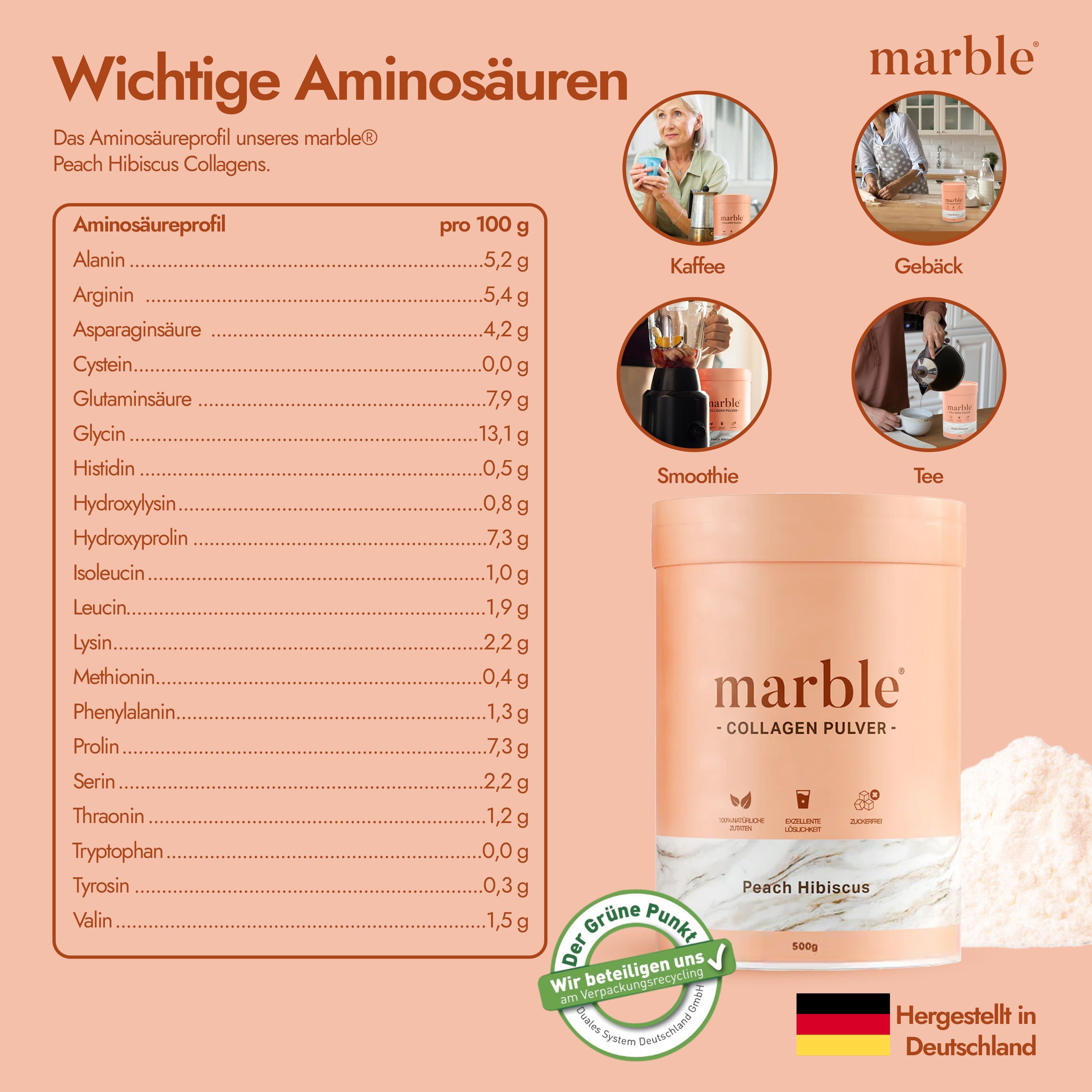 Nährwerttabelle und Dose marble Collagen Pulver, Pfirsich Hibiskus. Text: Hergestellt in Deutschland.