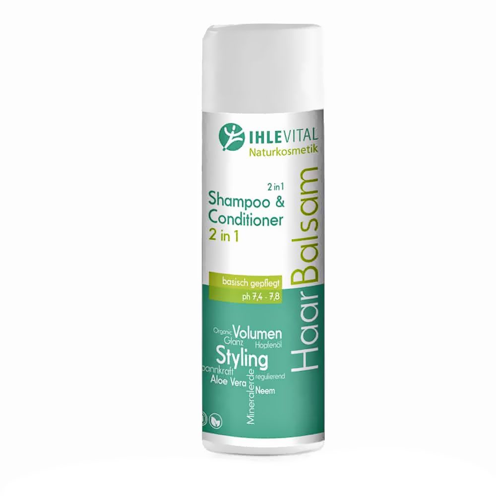Zylindrische Flasche mit grün-weißem Etikett. Aufschrift: IHLEVITAL, Haar Balsam, Shampoo & Conditioner 2 in 1. Enthält Aloe Vera und Neem.
