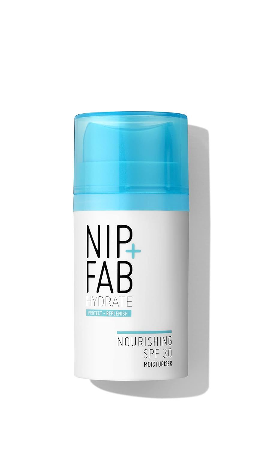 Weißer Zylinder mit blauem Deckel. Aufschrift: NIP+FAB, HYDRATE, NOURISHING SPF 30 MOISTURISER.