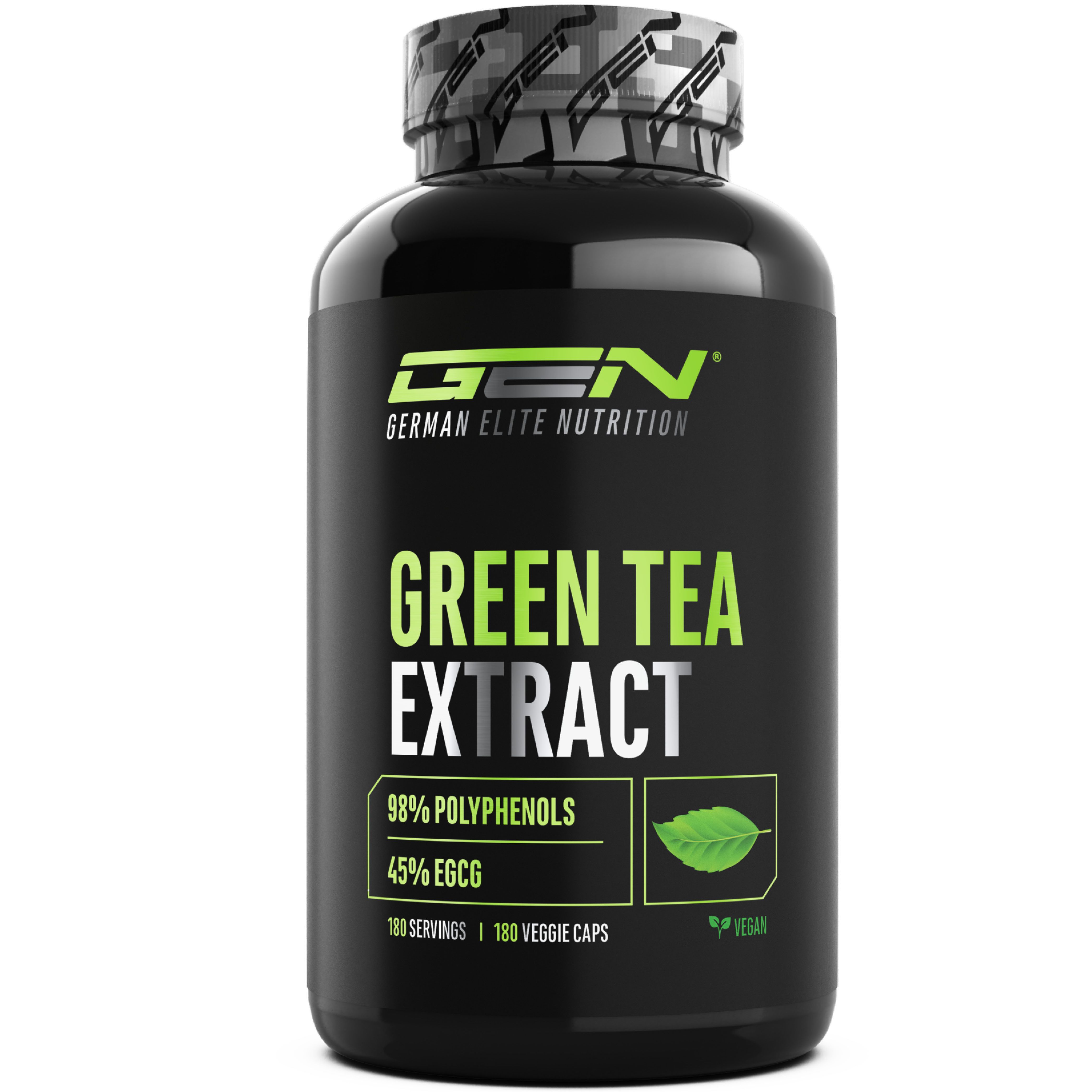 Schwarze Flasche GEN Green Tea Extract. Text: 98% Polyphenole, 45% EGCG, 180 Portionen, 180 Veggie Kapseln. Grünes Blatt-Symbol.