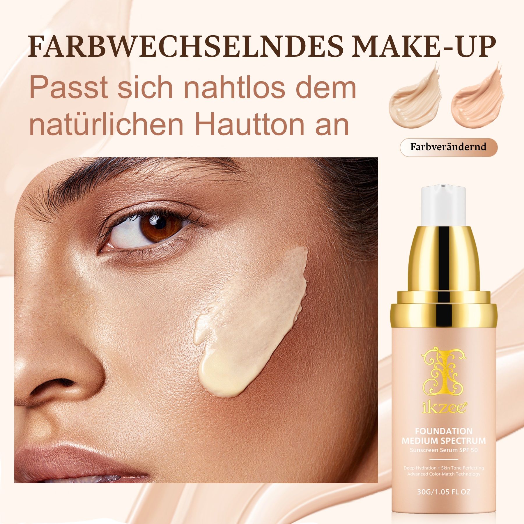 Eine Frau mit Foundation, die sich dem Hautton anpasst. Daneben sind Farbmuster zu sehen.