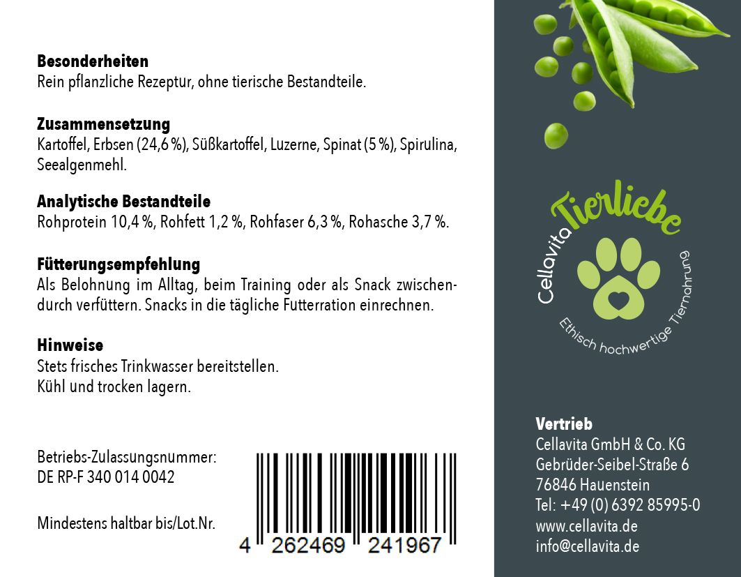 Produktetikett mit Zutatenliste, analytischen Bestandteilen und Fütterungsempfehlung für Tiernahrung.