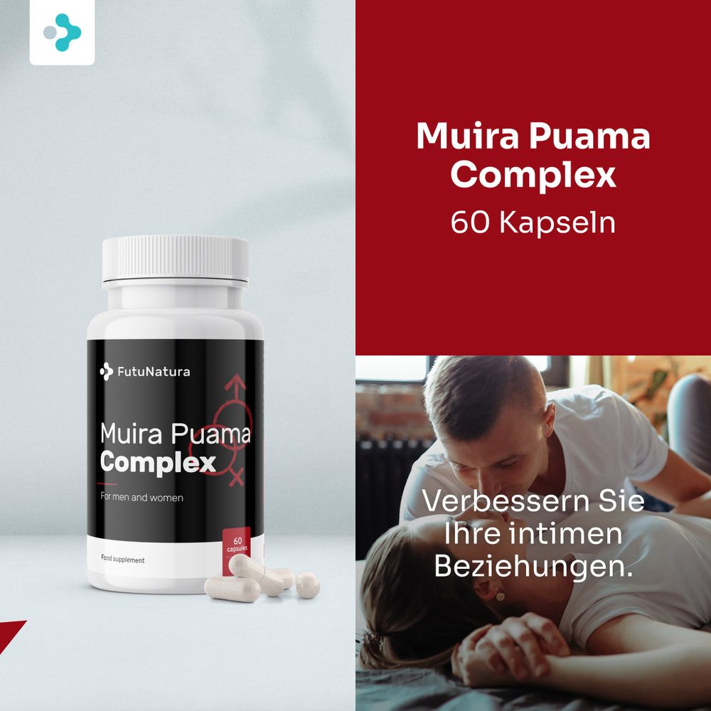 Flasche FutuNatura Muira Puama Complex, 60 Kapseln, neben einem Paar.