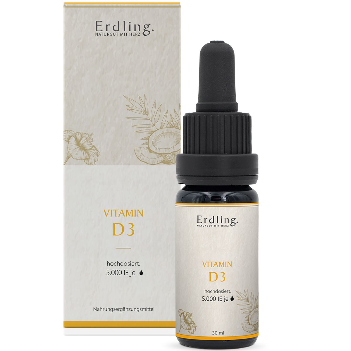 Braune Glasflasche mit schwarzem Verschluss und Karton. Aufschrift: Vitamin D3, 5.000 IE. Marke: Erdling.