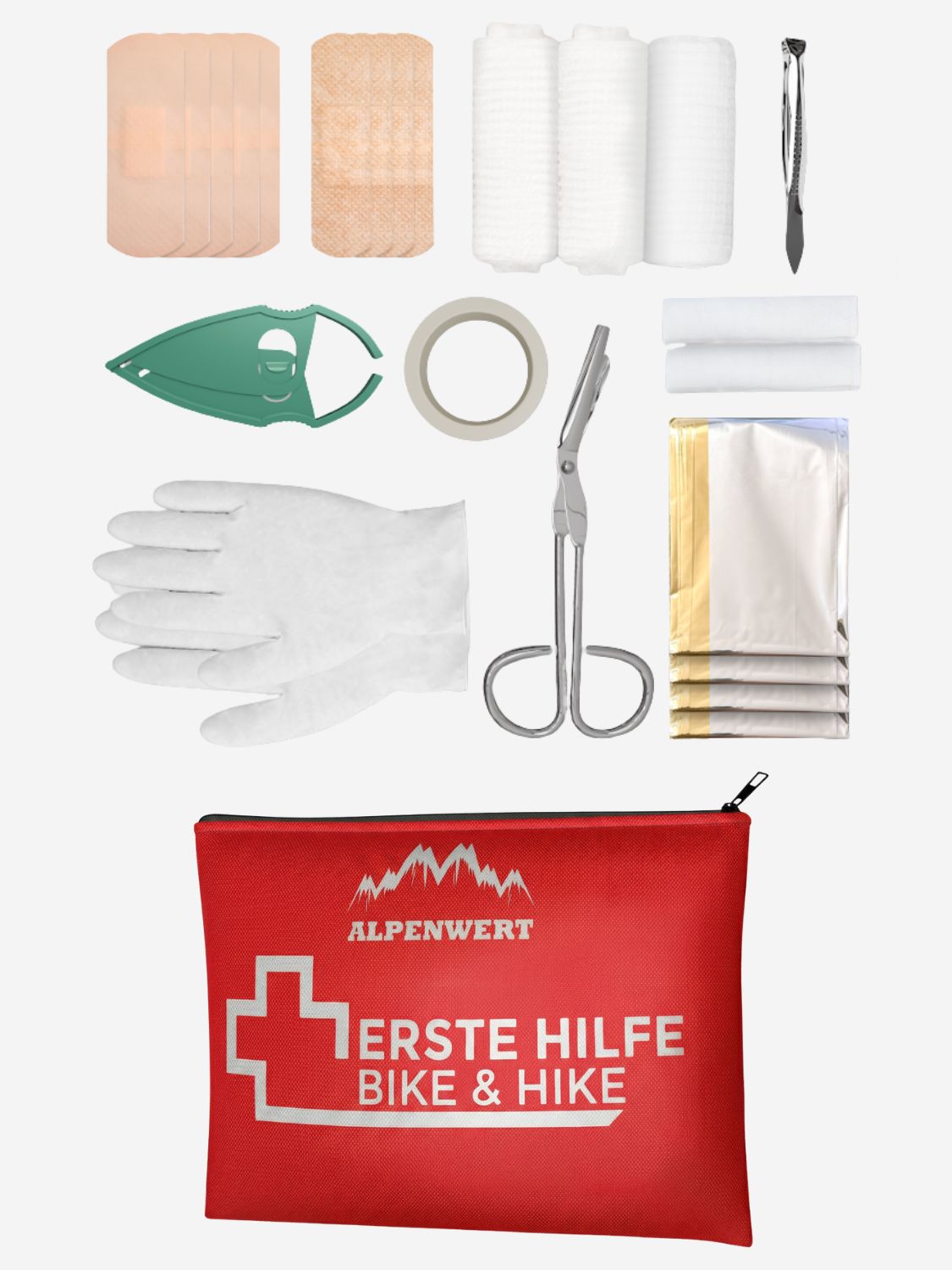 Inhalt einer Erste-Hilfe-Tasche: Pflaster, Mullbinden, Schere, Pinzette, Handschuh, Rettungsdecke.