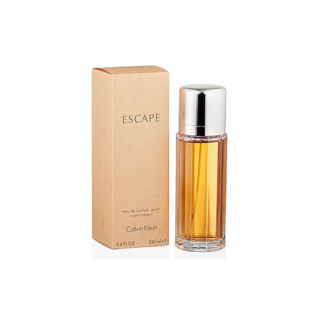 Parfümflasche und Verpackung. Flasche mit silbernem Deckel, bernsteinfarbener Flüssigkeit. Verpackung: ESCAPE, Calvin Klein.