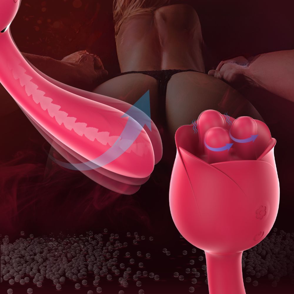 Rosa Vibrator in Rosenform mit drei Kugeln. Animation der Rotationsbewegung. Hintergrund mit Person.