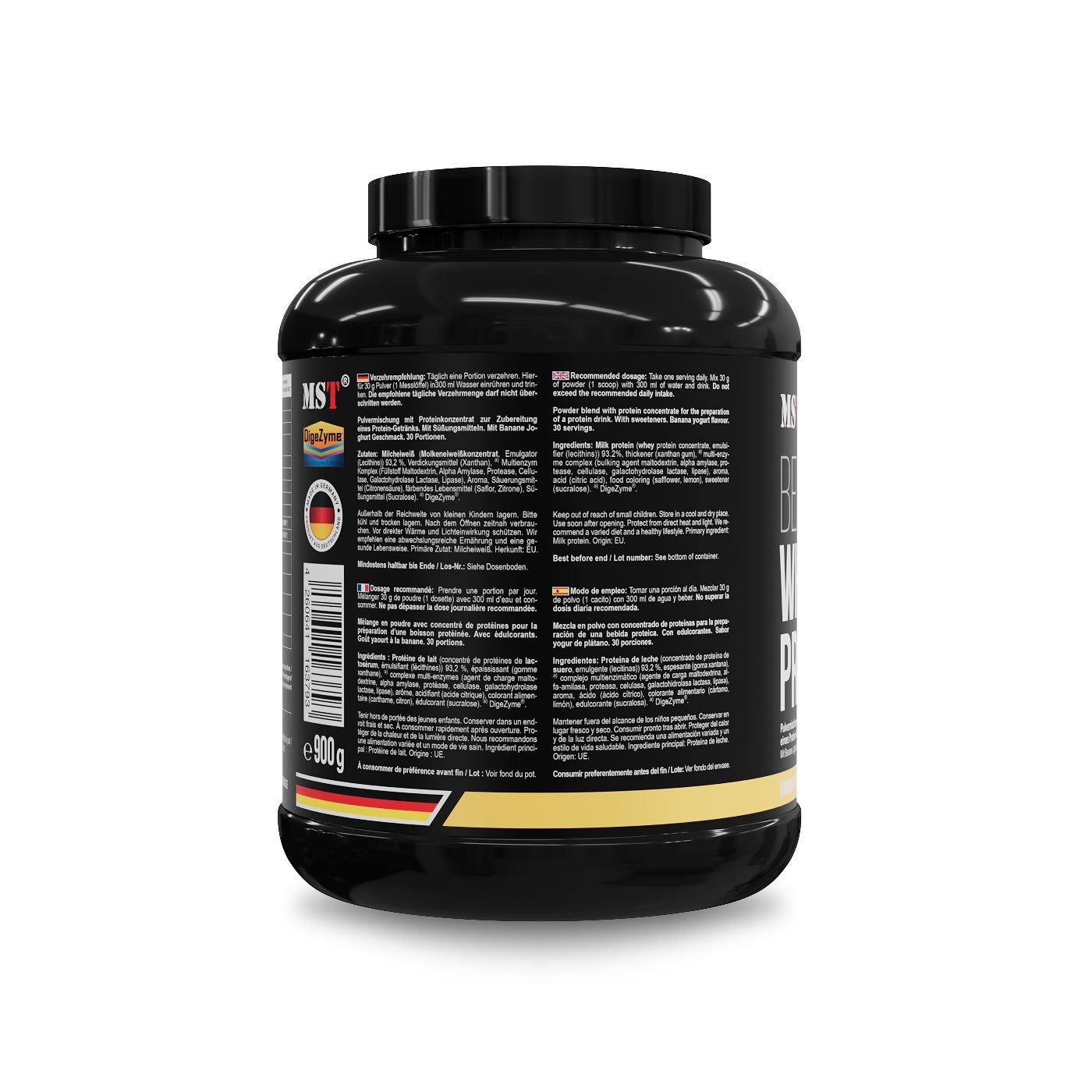 Seitenansicht eines schwarzen MST Best Whey Protein Behälters mit detaillierten Informationen und deutschen und italienischen Flaggen.