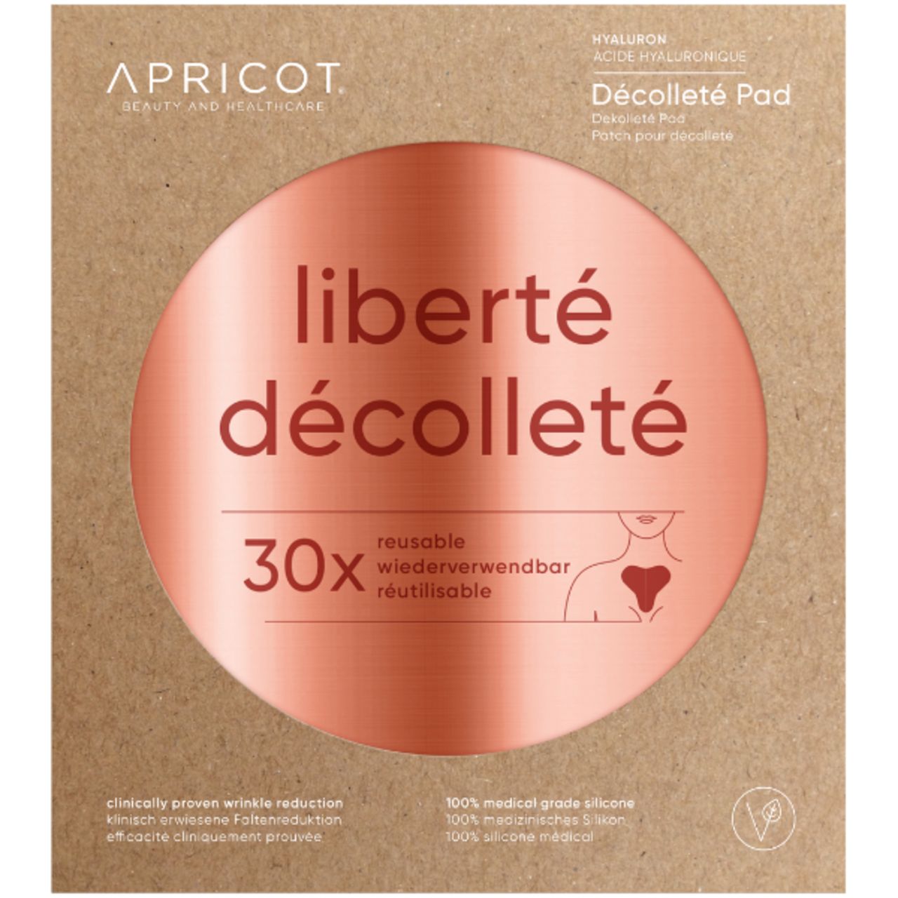Runde Verpackung mit Dekolleté Pad. Auf der Verpackung steht "APRICOT" und "liberté décolleté".