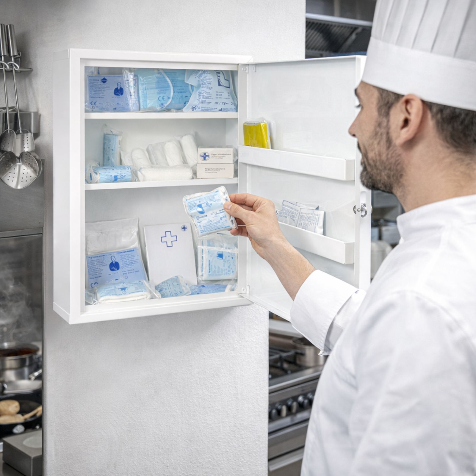 Weißer Verbandschrank, Tür geöffnet. Inhalt: Verbandsmaterial. Person entnimmt Verbandpäckchen.