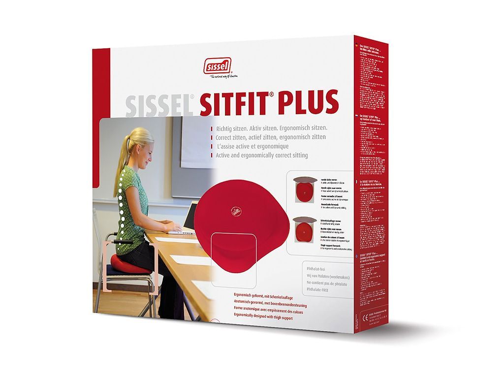 Verpackung von Sissel Sitfit Plus. Rote und weiße Box mit Produktbild und Text.