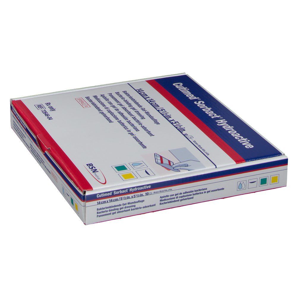 Verpackung von Cutimed Sorbact Hydroactive. 14 cm x 14 cm. BSN-Logo. Produktinformationen in mehreren Sprachen.