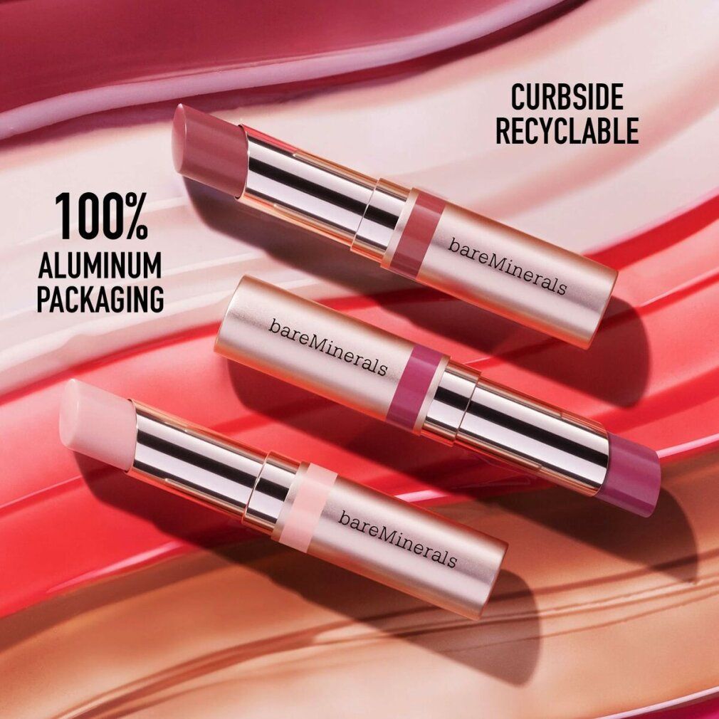 Drei Lippenbalsame in goldfarbenen Hülsen. Sichtbare Lippenstiftspitzen in verschiedenen Farben. Marke: bareMinerals. Text: 100% Aluminiumverpackung.