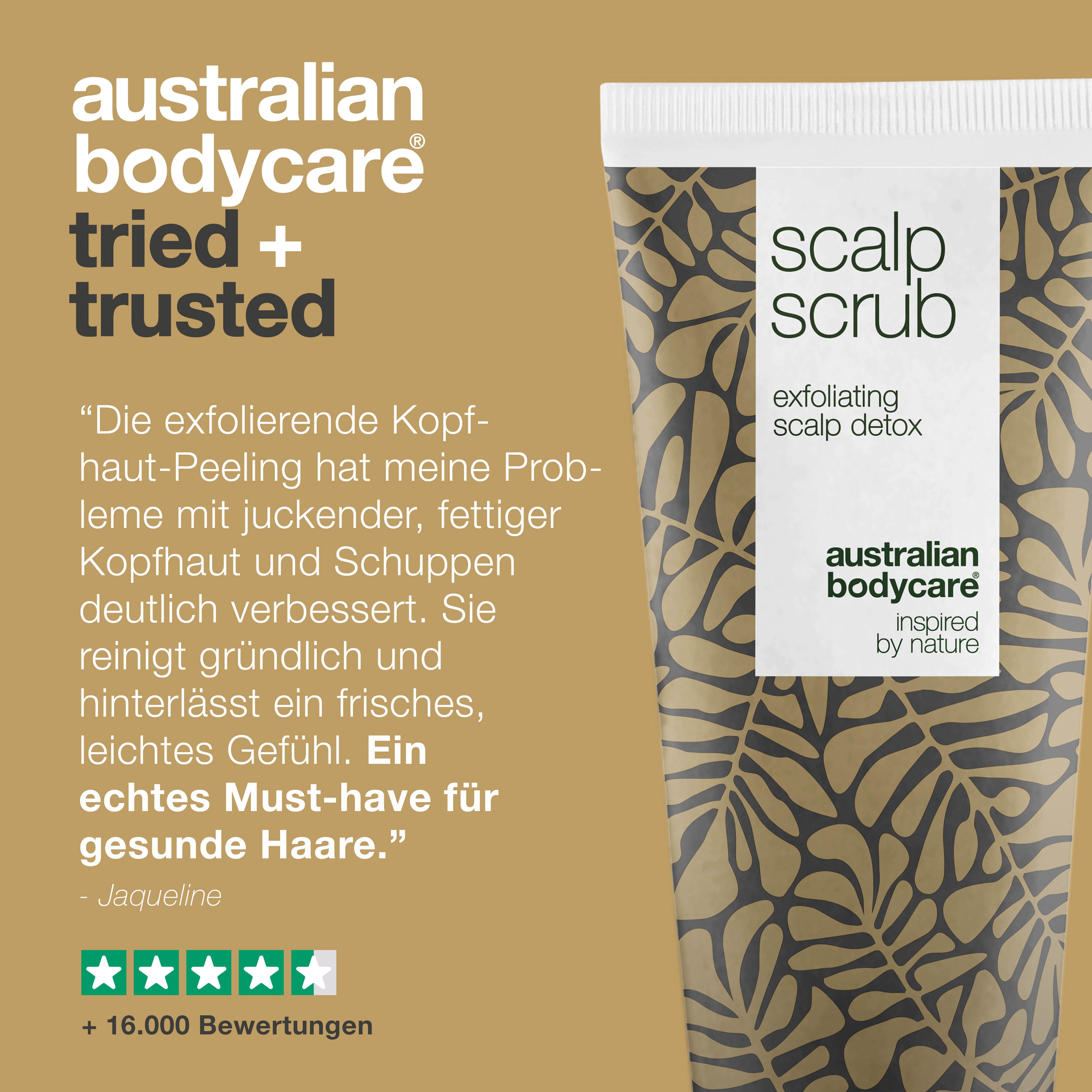 Produkt-Tube. Text: Australian Bodycare tried + trusted. Zitat und Sterne-Bewertung.