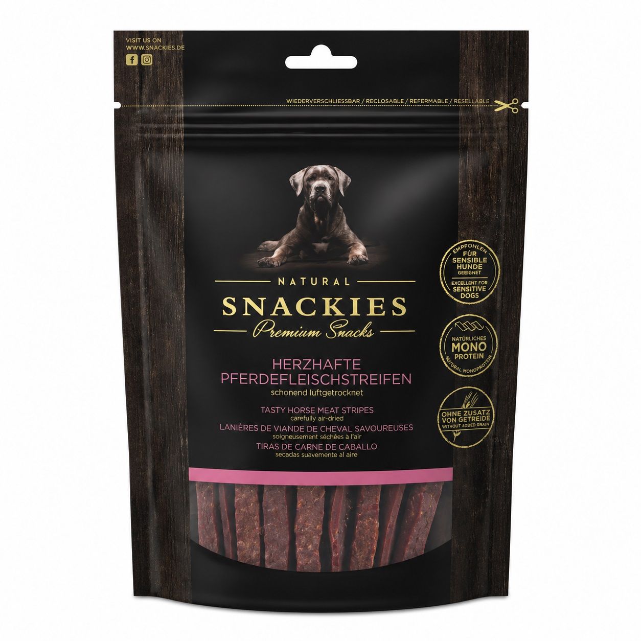Snackies Herzhafte Pferdefleischstreifen - Monoprotein Snack für Hunde 80 g Futter